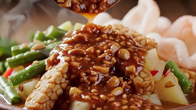 Delicious Gado Gado Indonesian Salad with Peanut Sauce Being Poured.