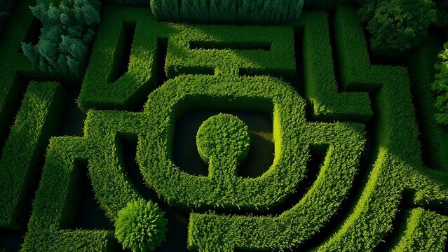Aerial view of a dense hedge maze in a classical garden.