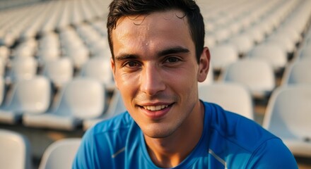 Fototapeta premium Smiling young man in a blue shirt sitting in a stadium with empty seats behind him