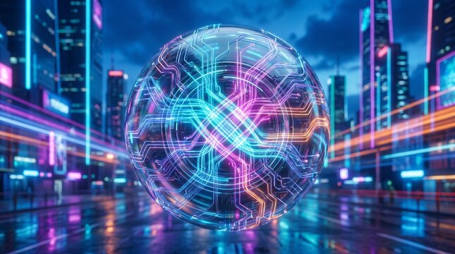 Absolute power energy pulsing in futuristic cybernetic core, 3D abstract illustration