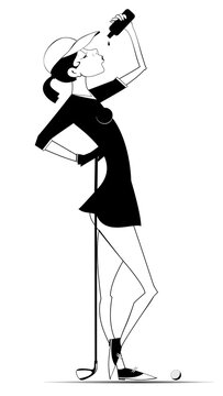 Pretty young woman holding golf club and drinking water. Black and white illustration