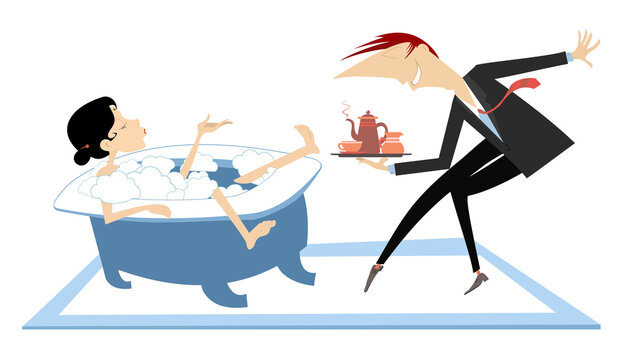 Man with tray of coffee stays in front of the girl lounging in the bathtub