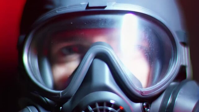 Tracking shot close up of person wearing gas mask looking and adjusting visor in dark red lit room with reflective goggles and respirator