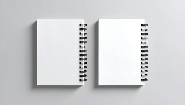 Two blank spiral notebooks on gray background.
