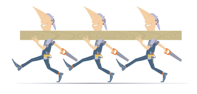 Group cheerful construction workers	walking with hacksaws and big wood board on the shoulder