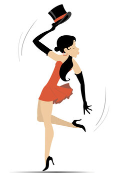 Dancing sexy young woman in the red dress, black gloves and a top hat in the hand. Isolated on white background