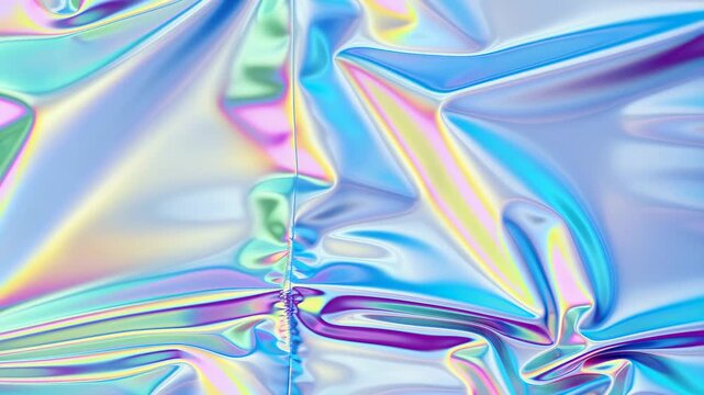 Panning shot of iridescent holographic foil folding and reflecting light across pastel surface in studio close up with slow subtle tracking movement over textured wrap