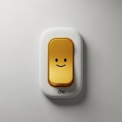 Fototapeta premium Golden smiling face lego brick on white surface minimalist composition