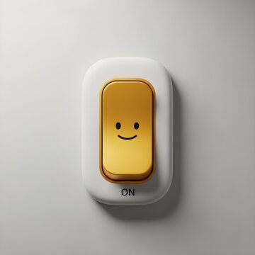 Golden smiling face lego brick on white surface minimalist composition