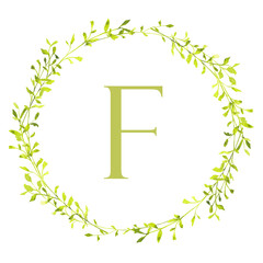 Obraz premium Elegant watercolor green leaf wreath with monogram letter F, minimal botanical floral frame isolated on white background for wedding invitations, logo design and branding