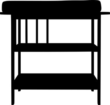 Black silhouette of a changing table with shelves against a isolated on white background
