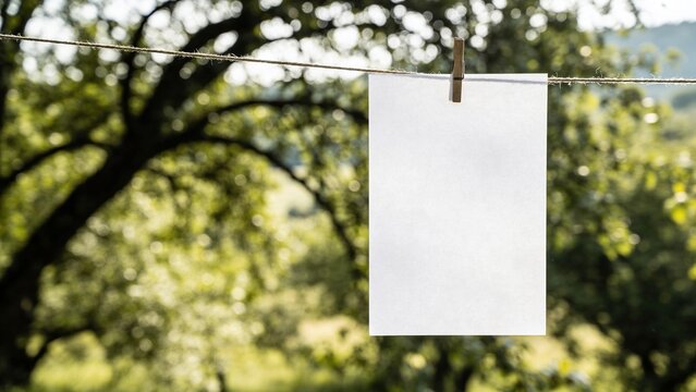 A blank sheet of paper hangs on a clothesline in a green outdoor setting. Trees and foliage create a natural backdrop.