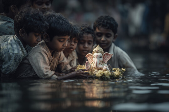  Children emotionally bidding farewell to Ganesha idol during visarjan at dusk.
