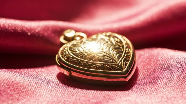 An ornate golden heart-shaped locket, intricately engraved with delicate patterns, rests gracefully on a luxurious, softly draped red satin fabric.
