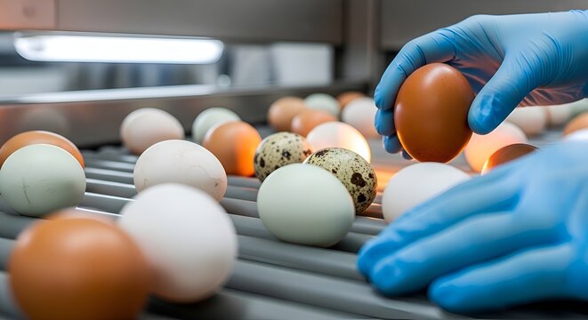 Hand in blue glove inspects eggs on conveyor belt in food production facility