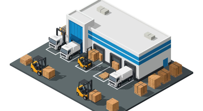Isometric view of a modern warehouse with trucks and forklifts loading goods.