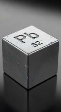 Metallic cube displaying chemical symbol and atomic number rests on a reflective surface