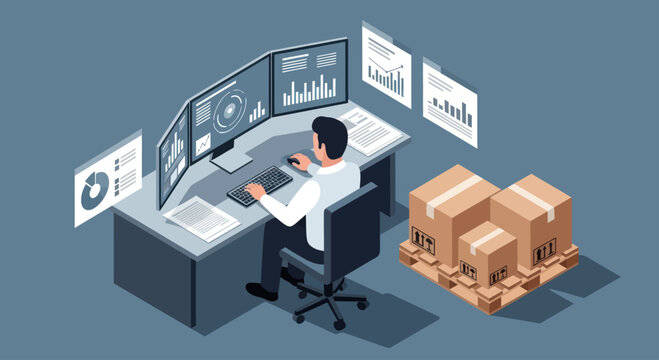 Man analyzing data on multiple monitors with boxes nearby, illustrating logistics and supply chain management.