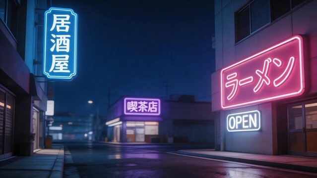 Neon lit street at night