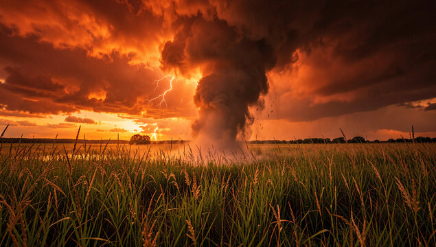 A dramatic sky with a storm rolling in at sunset. Fields and clouds contrast beautifully under the orange glow of the sun.