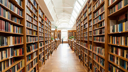 Obraz premium Gorgeous library interior with tall bookcases filled with books under a large arched window allowing sunlight to illuminate the space.