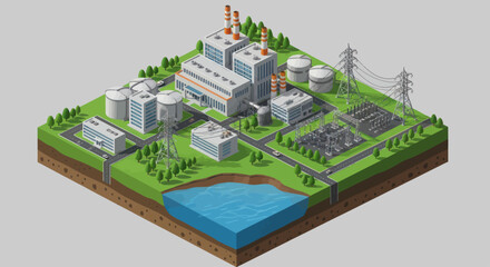Naklejka premium Modern Industrial Power Plant Complex with Renewable Energy Sources.