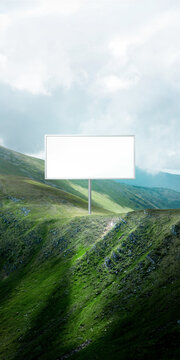 Minimal billboard mockup on mountain slope with soft sky copy space. Concept of clean advertising layout, brand focus, marketing template and campaign visualization.