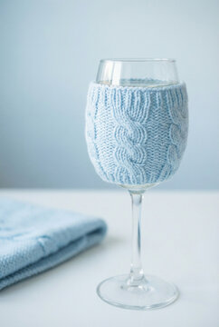 A wine glass wrapped in a light blue knitted cable stitch sleeve for a cozy winter lifestyle concept.