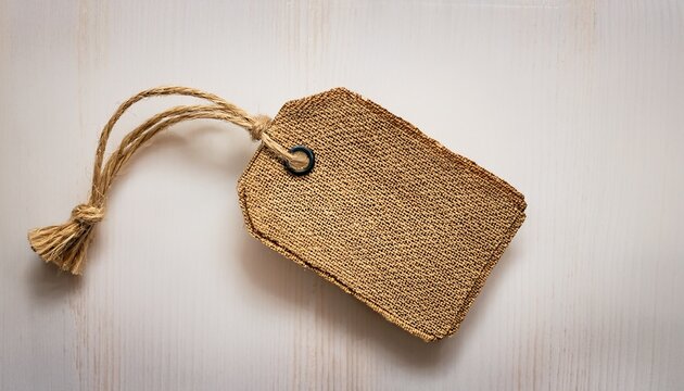 a rectangular burlap tag with rounded corners hanging by a jute string tied in a bow