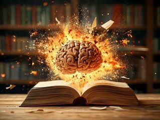 Obraz premium Exploding Brain: Knowledge and Ideas Bursting from an Open Book in a Library