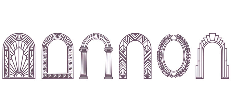 Arch Art Deco Greek Aesthetic Frame Set Geometric Sunburst Arch Greek Key Meander Column Pillar Chevron Art Deco Laurel Wreath Stepped Pyramid Vector Illustration
