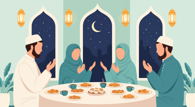 Muslim family praying together during Ramadan before Iftar meal.