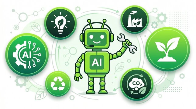 AI robot with environmental icons promoting sustainability and green technology