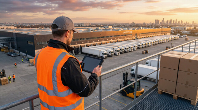 Logistics manager using tablet to oversee truck fleet and warehouse distribution center operations at sunset, with loading docks, freight vehicles and cargo pallets in view