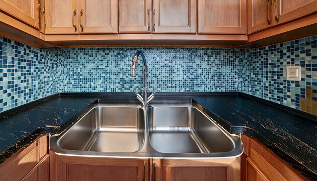 a kitchen sink with a beautiful pattern tiled backsplash with a chrome faucet black granite countertops and surrounded by blue and wood cabinets