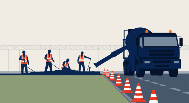 Road construction crew working on asphalt paving with heavy machinery.