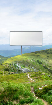 Wide billboard mockup on mountain ridge with panoramic copy space. Concept of large format advertising, branding showcase, marketing template and outdoor campaign visualization.