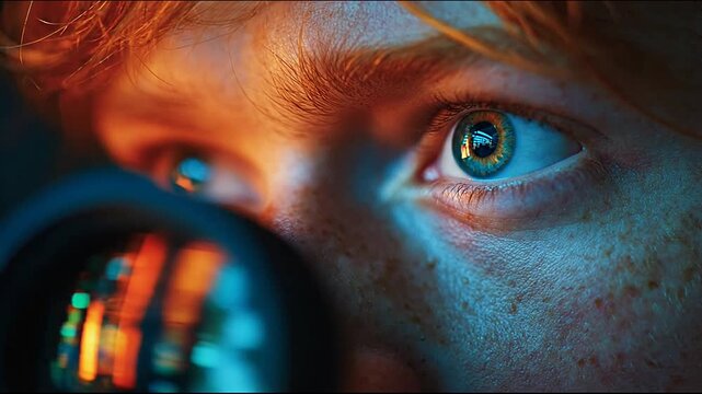 Close up of freckled eye looking through optical lens