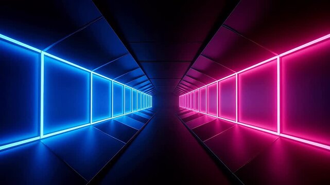 neon lit corridor with blue and pink lights
