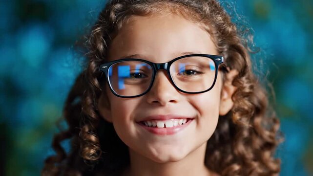 Portrait of a happy young girl wearing glasses for vision correction and pediatric eye care.