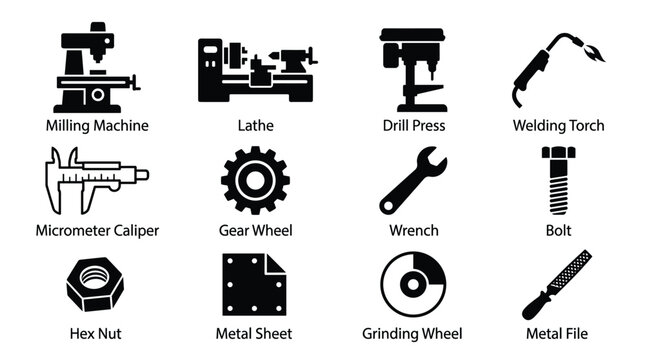 Vector icons showcasing essential industrial tools and manufacturing equipment like milling machine, lathe, drill press, and wrench. Ideal for engineering, workshop, and factory related designs.