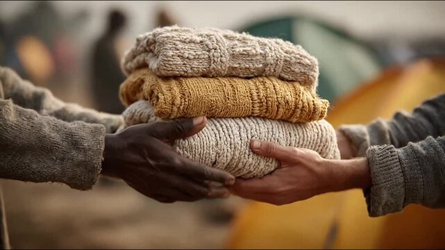 Close up of hands donating warm clothes in outdoor camp
