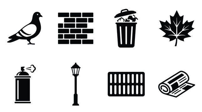 This vector set showcases various urban elements: pigeon, brick wall, trash can, maple leaf, spray can, street lamp, drain, newspaper. Use for apps or web.