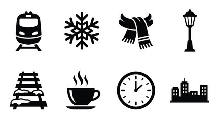 Versatile vector icons for winter, travel, and urban themes. Features train, snowflake, scarf, coffee, and city elements. Ideal for web, app, and graphic design. © EchoHue