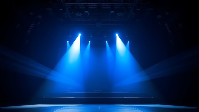 Concert stage with dramatic blue spotlight effect and atmospheric glow.