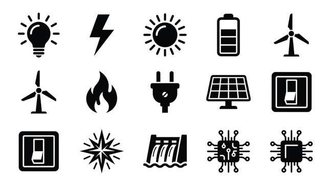 A comprehensive set of flat black vector icons depicting various energy sources, power generation, and technology elements. Ideal for web, apps, or infographics.