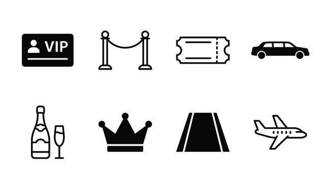 Vector icon set representing luxury, VIP access, events, travel, and celebration. Perfect for web, apps, or print designs.