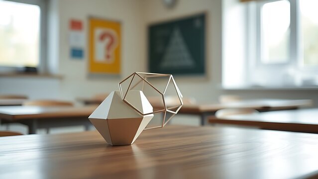 Wooden desk with icosahedron model in classroom, soft natural light from window.