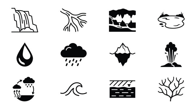 A collection of essential black vector icons depicting water and natural earth phenomena, perfect for educational content, infographics, and environmental design projects.