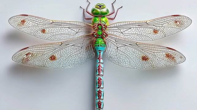 Insect ecology photography, a top-down view of a dragonfly centered against a plain white backdrop. 